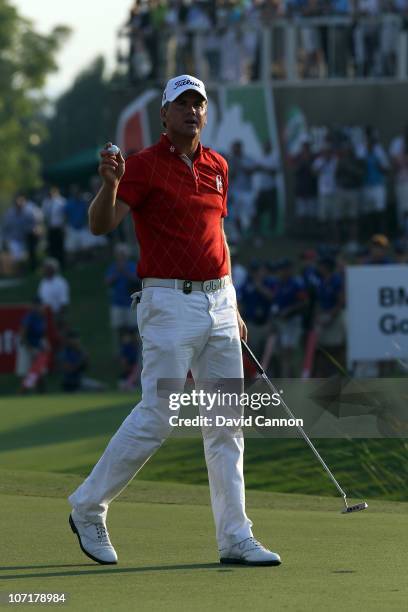 Robert Karlsson of Sweden birdies the 18th at the end of his the final round of the Dubai World Championship on the Earth Course at Jumeirah Golf...