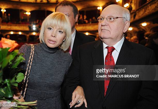 Former Soviet leader Mikhail Gorbachev and his daughter Irina Virganskaya are pictured on November 28, 2010 in Hamburg, northern Germany, after...
