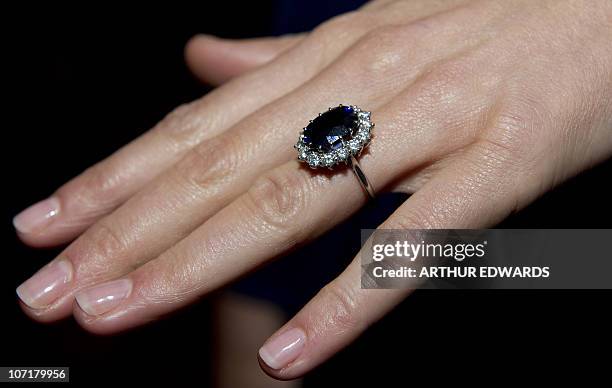 Picture released on November 16, 2010 of a close up of Kate Middleton's engagement ring, the fiancée of Britain's Prince William, as they pose for...