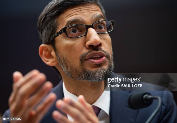 Google CEO Sundar Pichai testifies during a House Judiciary Committee hearing on Capitol Hill in Washington, DC, December 11, 2018. - Google chief...