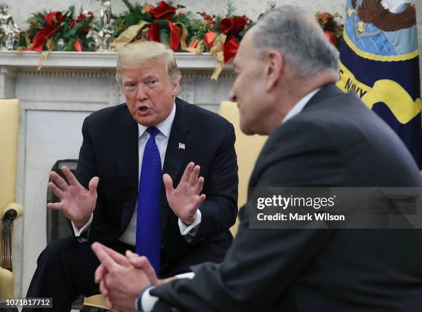 President Donald Trump argues about border security with Senate Minority Leader Chuck Schumer in the Oval Office on December 11, 2018 in Washington,...