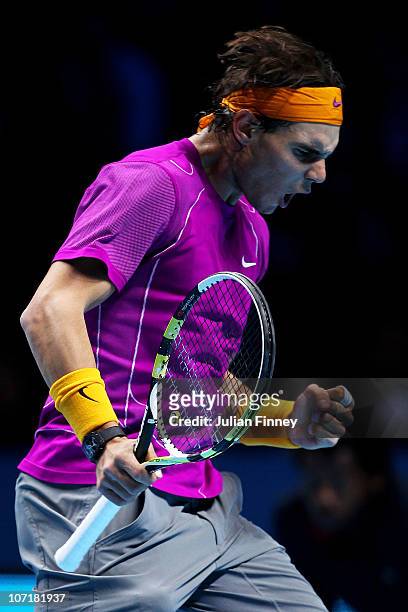 Rafael Nadal of Spain celebrates a point during his men's final match against Roger Federer of Switzerland during the ATP World Tour Finals at O2...