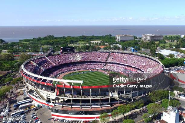 Aerial view of the Monumental Stadium prior to the second leg final match of Copa CONMEBOL Libertadores 2018 between River Plate and Boca Juniors at...