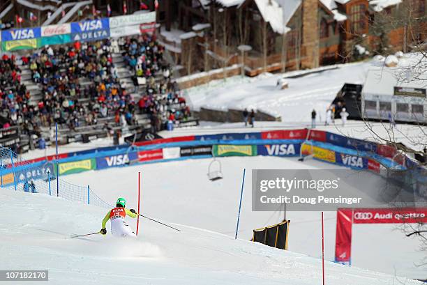 Katharina Duerr of Germany descends the course toward the finish area as she skis her first run of the Slalom during the Audi FIS Women's World Cup...