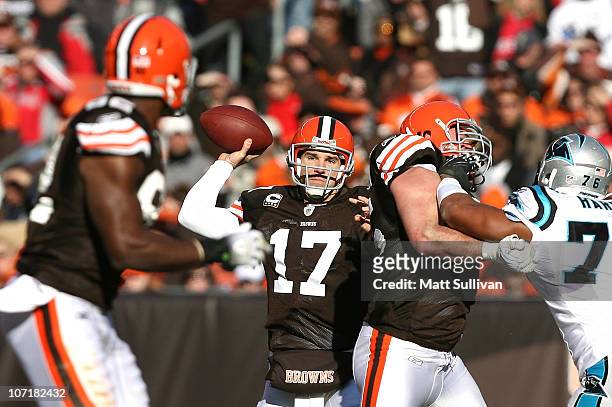 Quarterback Jake Delhomme of the Cleveland Browns throws the ball to tight end Benjamin Watson against the Carolina Panthers at Cleveland Browns...