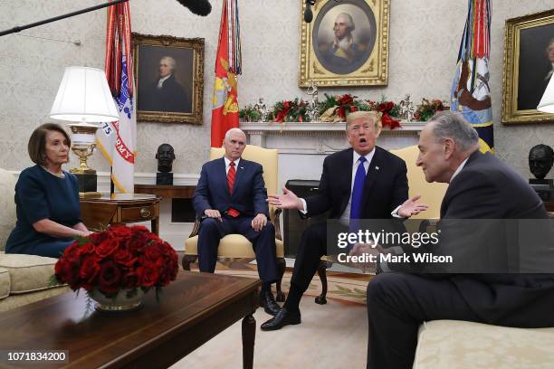 President Donald Trump argues about border security with Senate Minority Leader Chuck Schumer and House Minority Leader Nancy Pelosi as Vice...