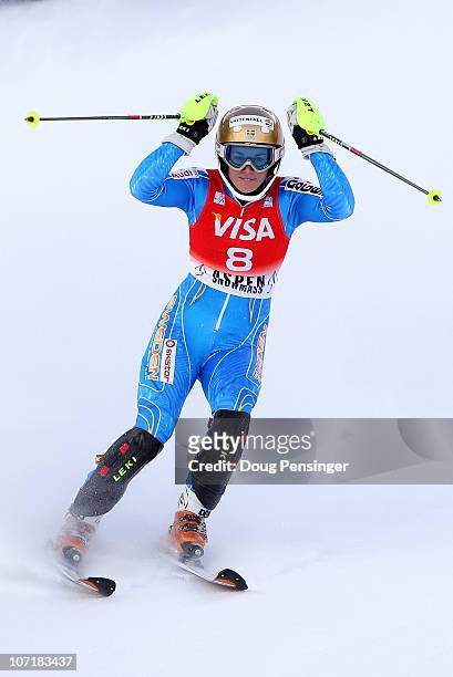 Maria Pietilae-Holmner of Sweden celebrates after crossing the finish line to win the Slalom during the Audi FIS Women's World Cup Aspen...