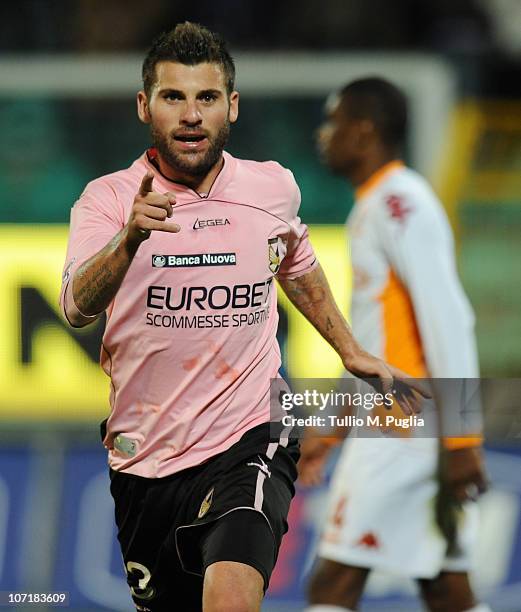 Antonio Nocerino of Palermo celebrates after scoring his team's third goal during the Serie A match between Palermo and Roma at Stadio Renzo Barbera...