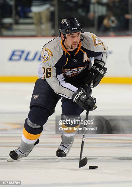 Steve Sullivan of the Nashville Predators skates against the St Louis Blues during an NHL game on November 24, 2010 at Bridgestone Arena in...