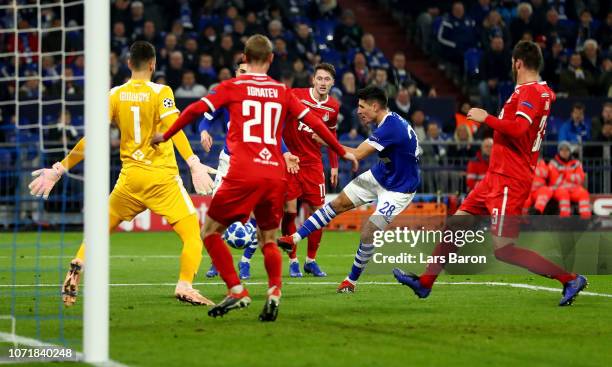 Alessandro Schoepf of Schalke scores the opening goal during the UEFA Champions League Group D match between FC Schalke 04 and FC Lokomotiv Moscow at...
