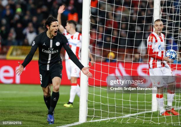 Edinson Cavani of Paris Saint-Germain celebrates after scoring a goal during the UEFA Champions League Group C match between Red Star Belgrade and...