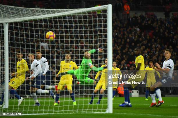 Dele Alli of Tottenham Hotspur heads Tottenham in front during the Premier League match between Tottenham Hotspur and Chelsea FC at Tottenham Hotspur...