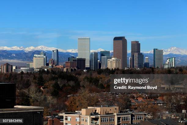 Downtown Denver skyline, photographed from the Jacquard Hotel rooftop in Denver, Colorado on November 14, 2018.