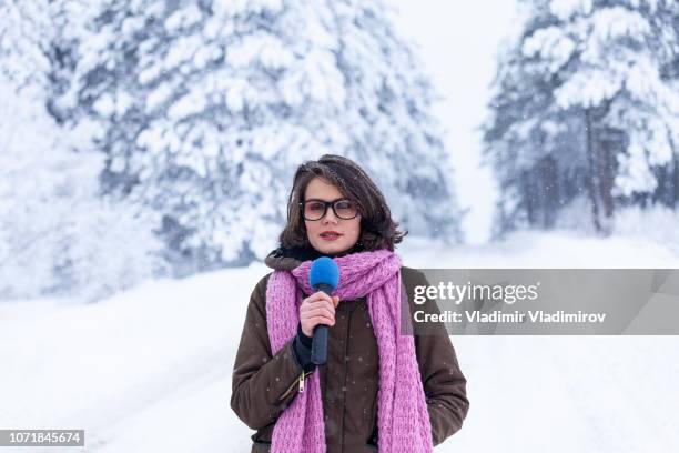 young tv reporter in winter forest - tv reporter stock pictures, royalty-free photos & images