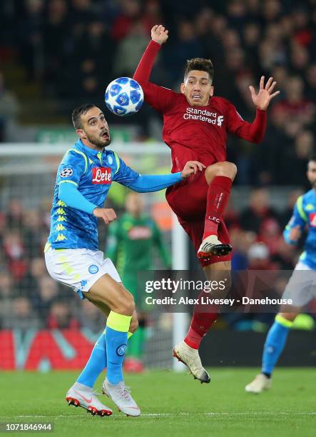 Roberto Firmino of Liverpool challenges Nikola Maksimovic of SSC Napoli during the UEFA Champions League Group C match between Liverpool and SSC...