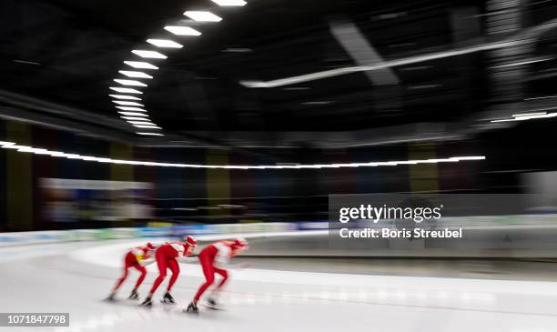The team of Poland compete in the Women's Team Persuit Division A race on day one of the ISU World Cup Speed Skating at Tomaszow Mazoviecki Ice Arena...