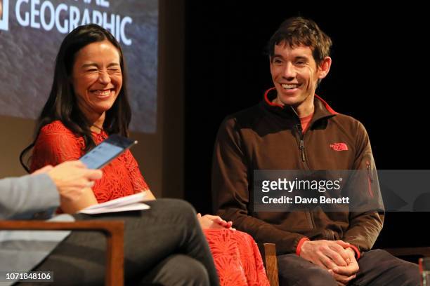 Chai Vasarhelyi and Alex Honnold on stage during National Geographic Documentary Films London Premiere of Free Solo Q&A at BFI Southbank on December...