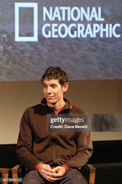 Alex Honnold on stage during National Geographic Documentary Films London Premiere of Free Solo Q&A at BFI Southbank on December 11, 2018 in London,...