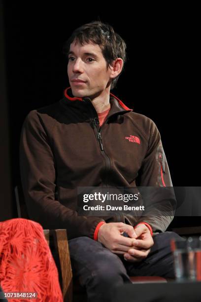 Alex Honnold on stage during National Geographic Documentary Films London Premiere of Free Solo Q&A at BFI Southbank on December 11, 2018 in London,...