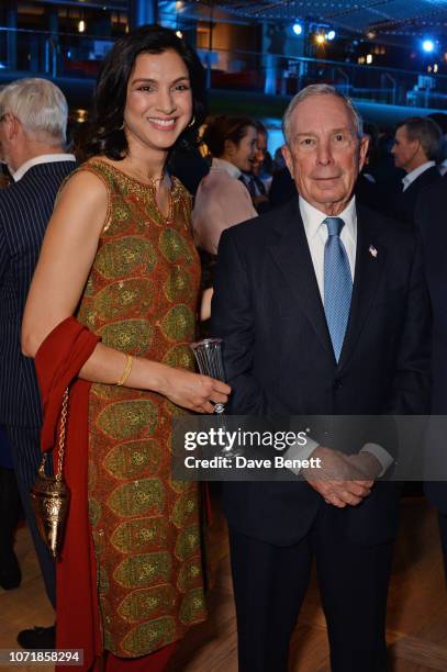 Radhika Jones and Michael Bloomberg attend the Bloomberg x Vanity Fair Climate Exchange gala dinner 2018 at Bloomberg London on December 11, 2018 in...