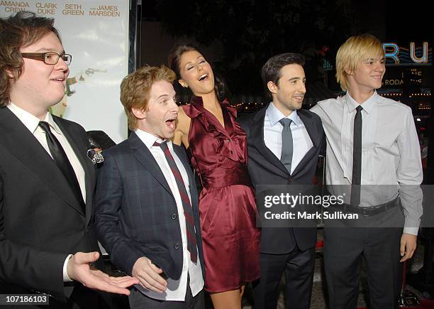 Actors Clark Duke, Seth Green, Amanda Crew, Josh Zuckerman and Mark L. Young arrive at the Los Angeles premiere of "Sex Drive" on October 15, 2008 in...