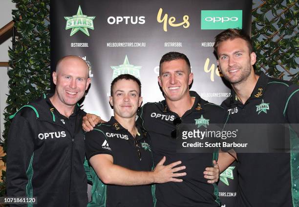 Ben Dunk, Seb Gotch, Daniel Worrall and Jackson Coleman attend during the Melbourne Stars BBL Launch on December 12, 2018 in Melbourne, Australia....