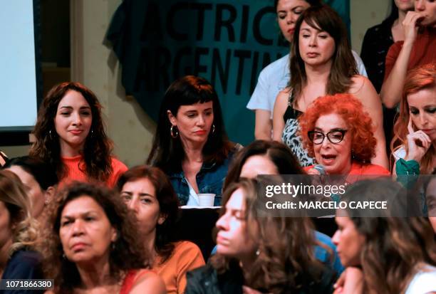 Argentine actress and member of the organization "Argentine Actresses" -against sexual abuse- Mirta Busnelli speaks during a press conference in...