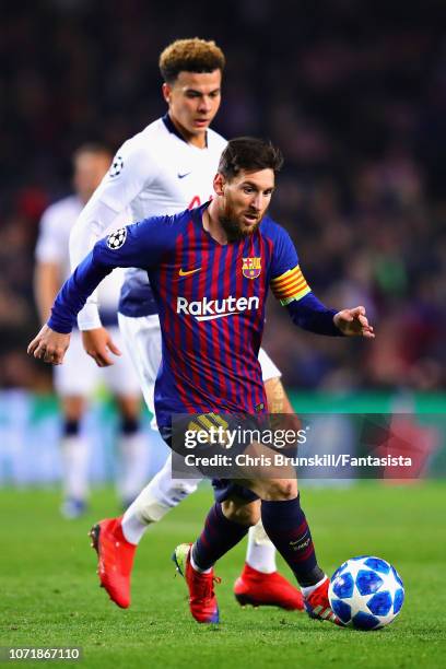 Lionel Messi of FC Barcelona in action during the UEFA Champions League Group B match between FC Barcelona and Tottenham Hotspur at Camp Nou on...