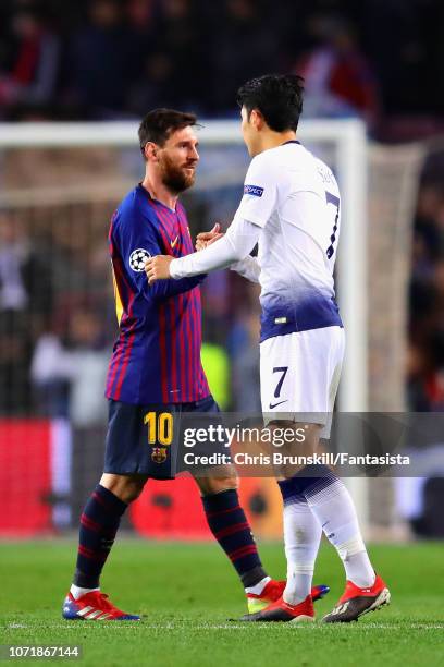 Lionel Messi of FC Barcelona shakes hands with Heung-Min Son of Tottenham Hotspur after the UEFA Champions League Group B match between FC Barcelona...