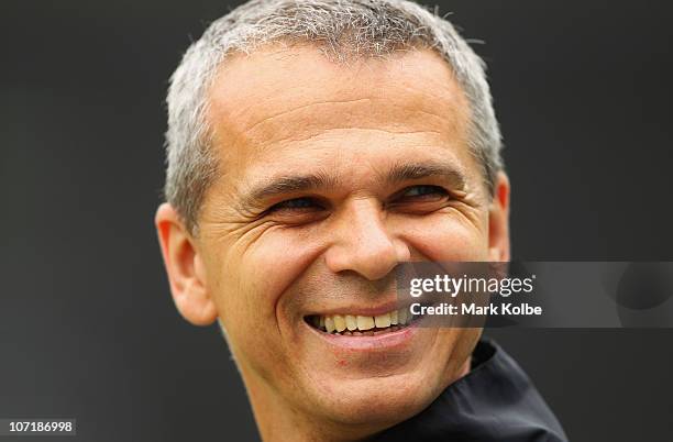 Sydney FC coach Vitezslav Lavicka shares a laugh during a Sydney FC A-League training session at Sydney Football Stadium on November 29, 2010 in...