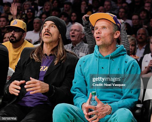 Flea and Anthony Kiedis attend a game between the Indiana Pacers and the Los Angeles Lakers at Staples on November 28, 2010 in Los Angeles,...