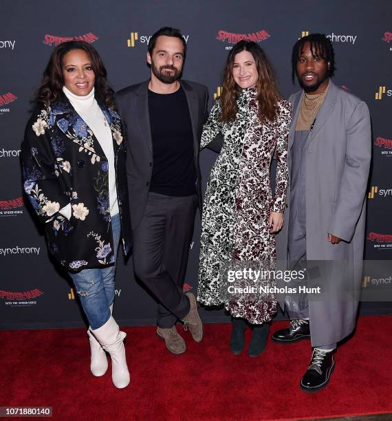 Luna Lauren Velez, Jake Johnson, Kathryn Hahn and Shameik Moore attend the "Spider-Man: Into The Spider-Verse" AR Experience on December 11, 2018 in...