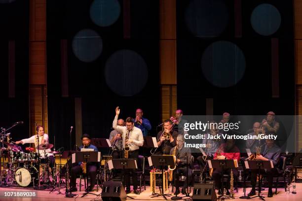 Cuban-American musician and composer Dafnis Prieto plays drums as he leads his Big Band during a concert in the Joyce and George T Wein 'Shape of...