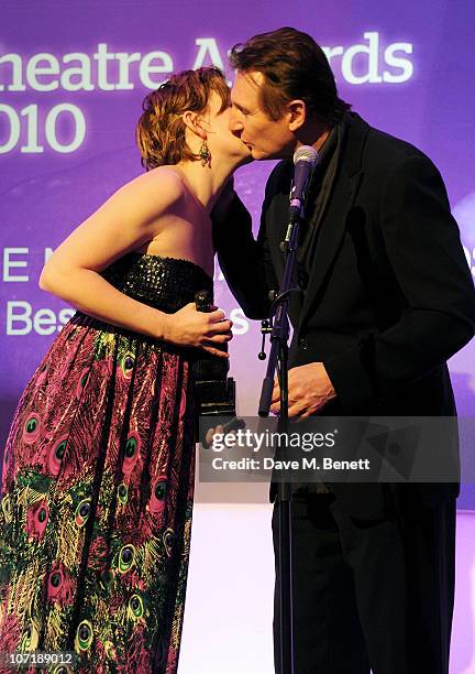 Nancy Carroll, Winner of The Natasha Richardson Award for Best Actress and Liam Neeson attend the London Evening Standard Theatre Awards ceremony at...