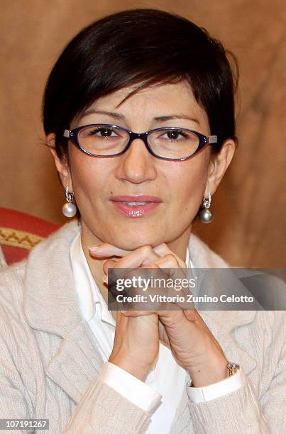 Italian Education Minister Mariastella Gelmini attends the School Construction Industry Conference held at Palazzo Marino on November 29, 2010 in...