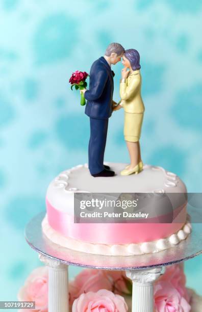 senior citizens renewing vows wedding cake - beeldje stockfoto's en -beelden
