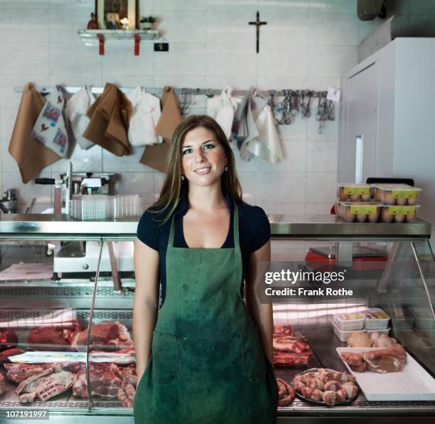 beautiful young woman  - butcher portrait imagens e fotografias de stock