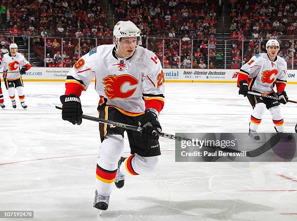 Brendan Mikkelson of the Calgary Flames skates during a hockey game against the New Jersey Devils at the Prudential Center on November 24, 2010 in...