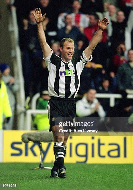 Alan Shearer of Newcastle United celebrates opening the scoring during the FA Barclaycard Premiership match against Middlesbrough played at St James...
