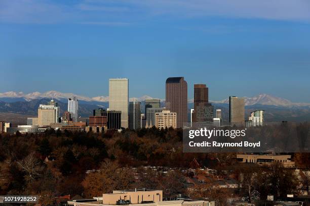 Downtown Denver skyline, photographed from the Jacquard Hotel rooftop in Denver, Colorado on November 15, 2018.