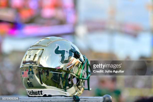 South Florida Bulls helmet sits on the sideline equipment during the firsthalf against the UCF Knights at Raymond James Stadium on November 23, 2018...