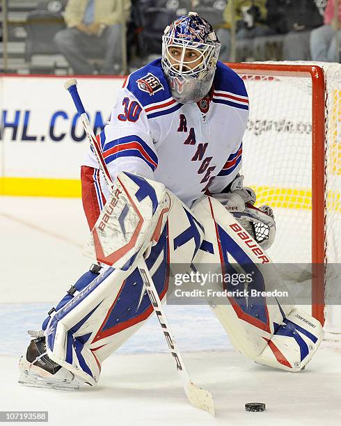 Henrik Lundqvist of the New York Rangers skates against the Nashville Predators on November 27, 2010 at the Bridgestone Arena in Nashville, Tennessee.