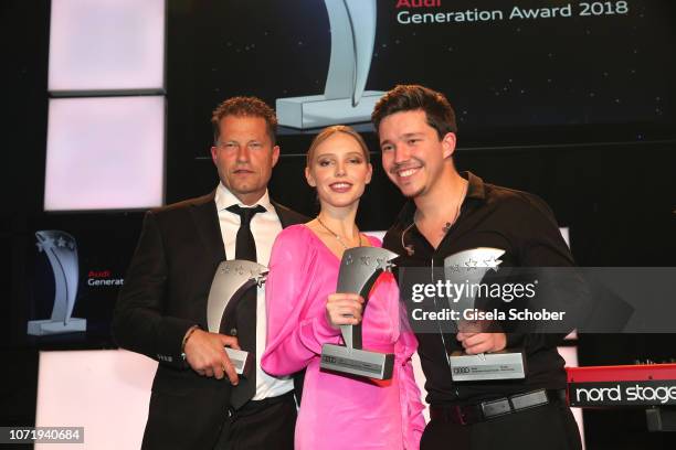 Til Schweiger, Lina Larissa Strahl, Nico Santos with awards during the Audi Generation Award 2018 at Hotel Bayerischer Hof on December 11, 2018 in...
