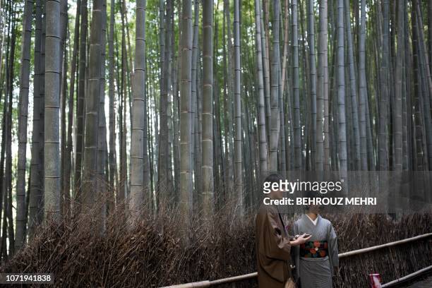 In this picture taken on December 8, 2018 tourists wearing kimono pose for a picture in Sagano Bamboo Forest in Arashiyama, Kyoto prefecture.