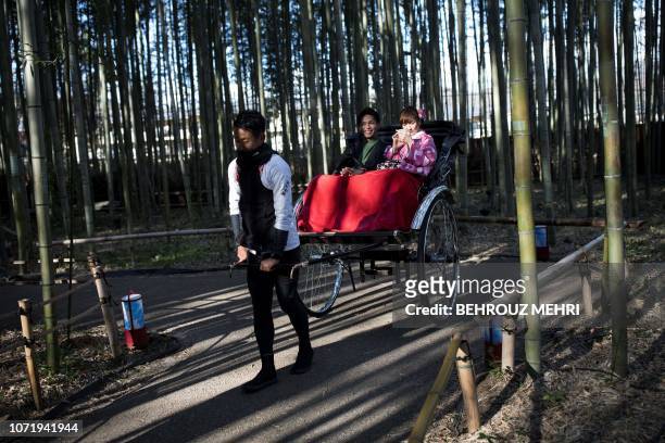 In this picture taken on December 8, 2018 tourists ride on a pulled rickshaw as they visit Sagano Bamboo Forest in Arashiyama, Kyoto prefecture.
