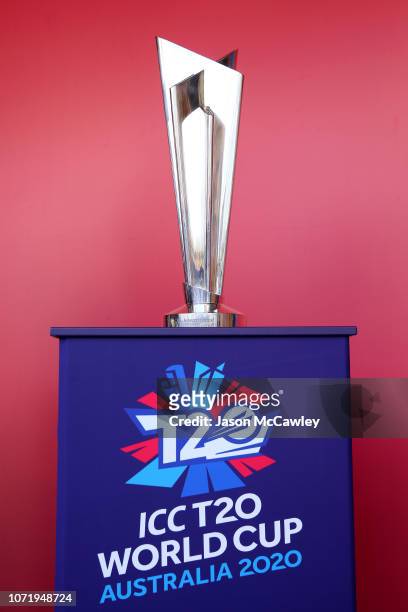 The mens trophy is seen during a ICC 2020 T20 World Cup Media Opportunity at the Sydney Cricket Ground on November 24, 2018 in Sydney, Australia.