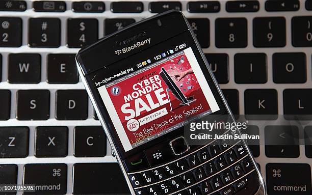 In this photo illustration, an advertisement for a Cyber Monday sale is displayed on a BlackBerry smart phone on November 29, 2010 in San Anselmo,...