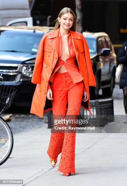 Model Gigi Hadid is seen walking in soho on December 11, 2018 in New York City.