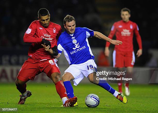 Richie Wellens of Leicester holds off Lewis McGugan of Notts Forest during the npower Championship match between Leicester City and Nottingham Forest...