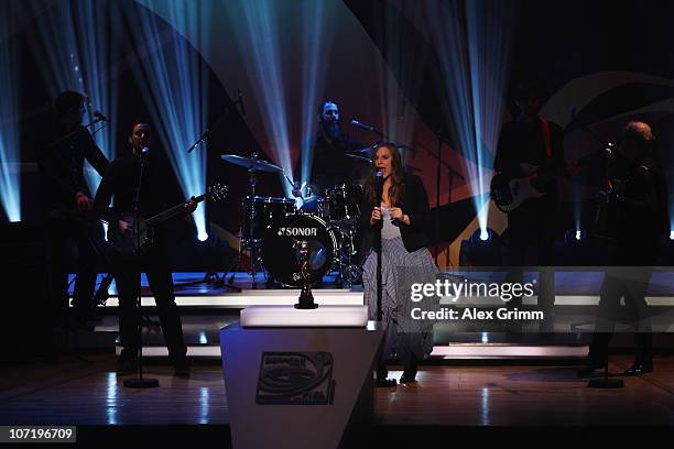 Judith Holofernes of 'Wir sind Helden' performs during the offical FIFA 2011 Women 's World Cup final draw on November 29, 2010 in Frankfurt am Main,...